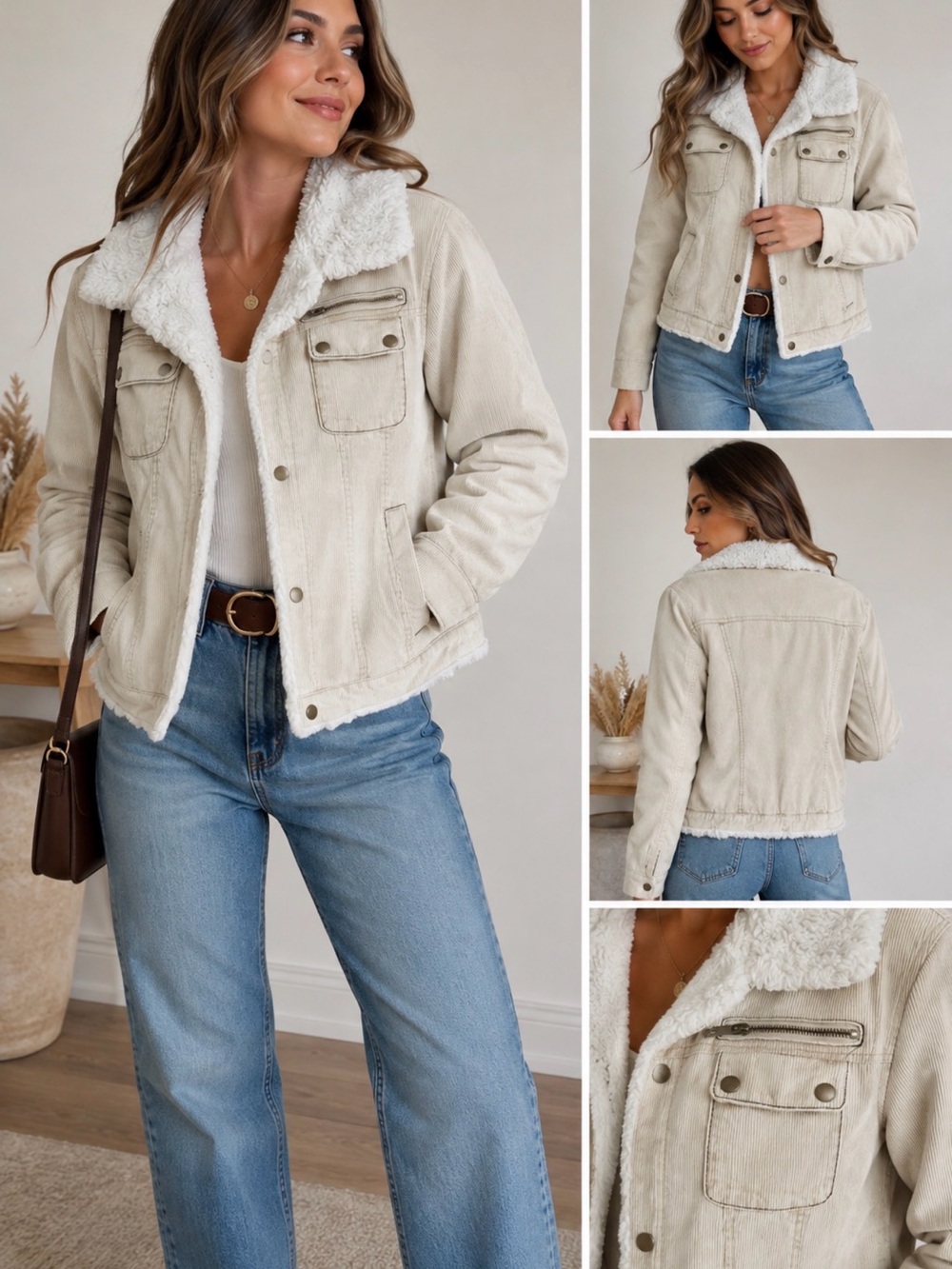 Sugarfly Cream Sherpa-Lined Corduroy Jean Jacket M